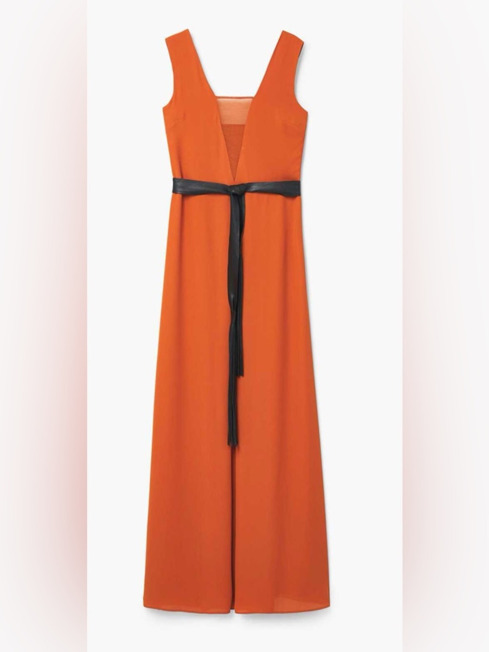 Mango Orange Maxi Prom Dress with Black Tassel Belt